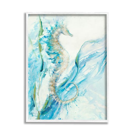 Stupell Industries Nautical Seahorse Blue Fluid Ocean Water in White Frame Wall Art
